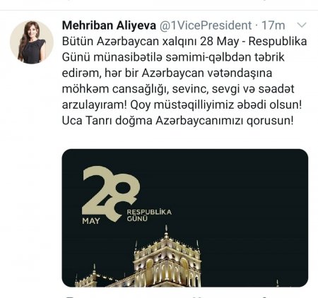 Mehriban Əliyeva Azərbaycan xalqını təbrik etdi - FOTO